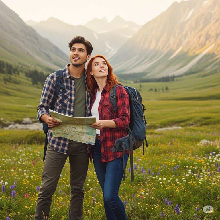 Casal explorando um novo lugar juntos, com paisagem inspiradora.