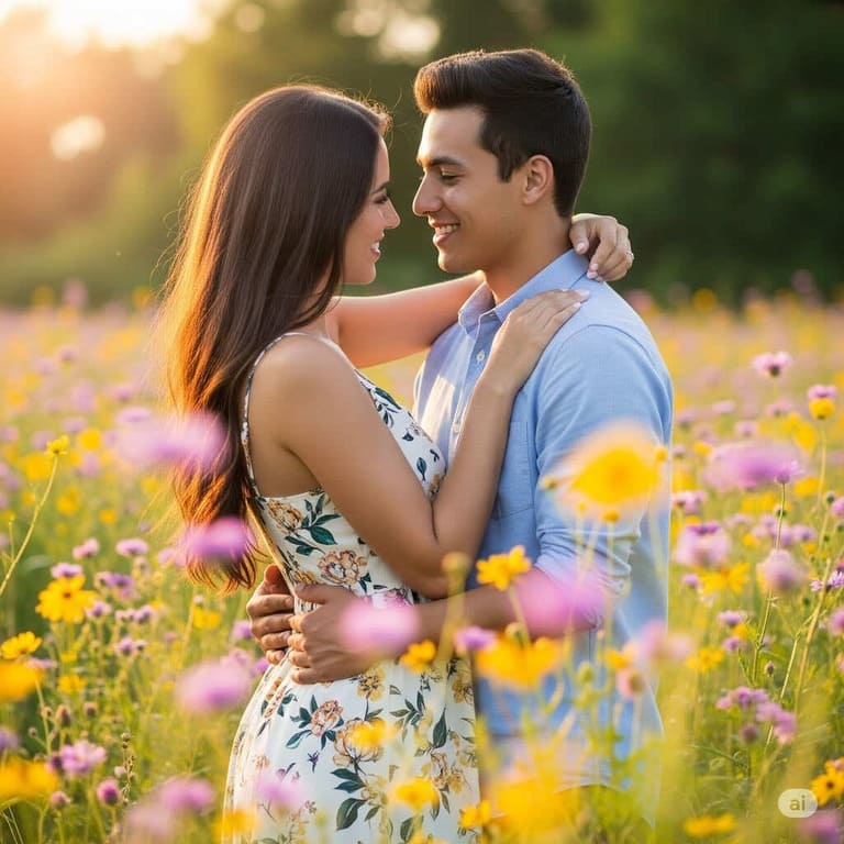 Casal em um momento romântico e carinhoso, trocando afeto.